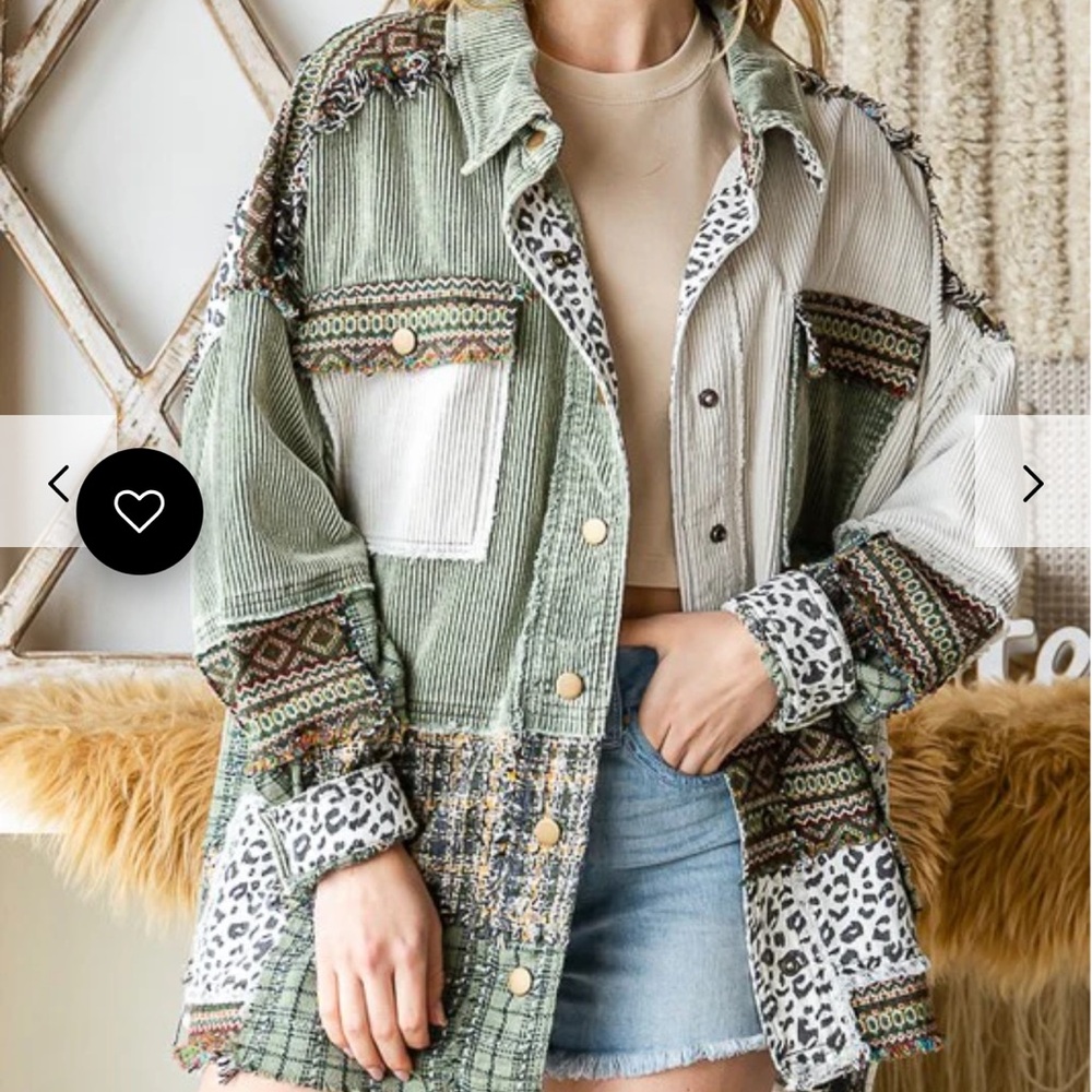 Oli & Hali Green Patchwork Corduroy Jean Jacket with Animal Print Accents